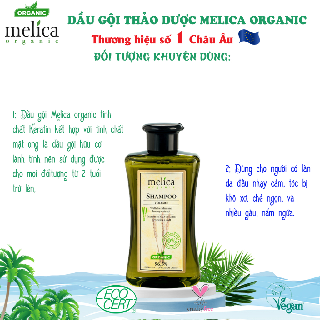 Dầu gội thảo dược hữu cơ ngừa rụng tóc, kích thích mọc móc Melica Organic 300ml Keratin và Protein thủy phân