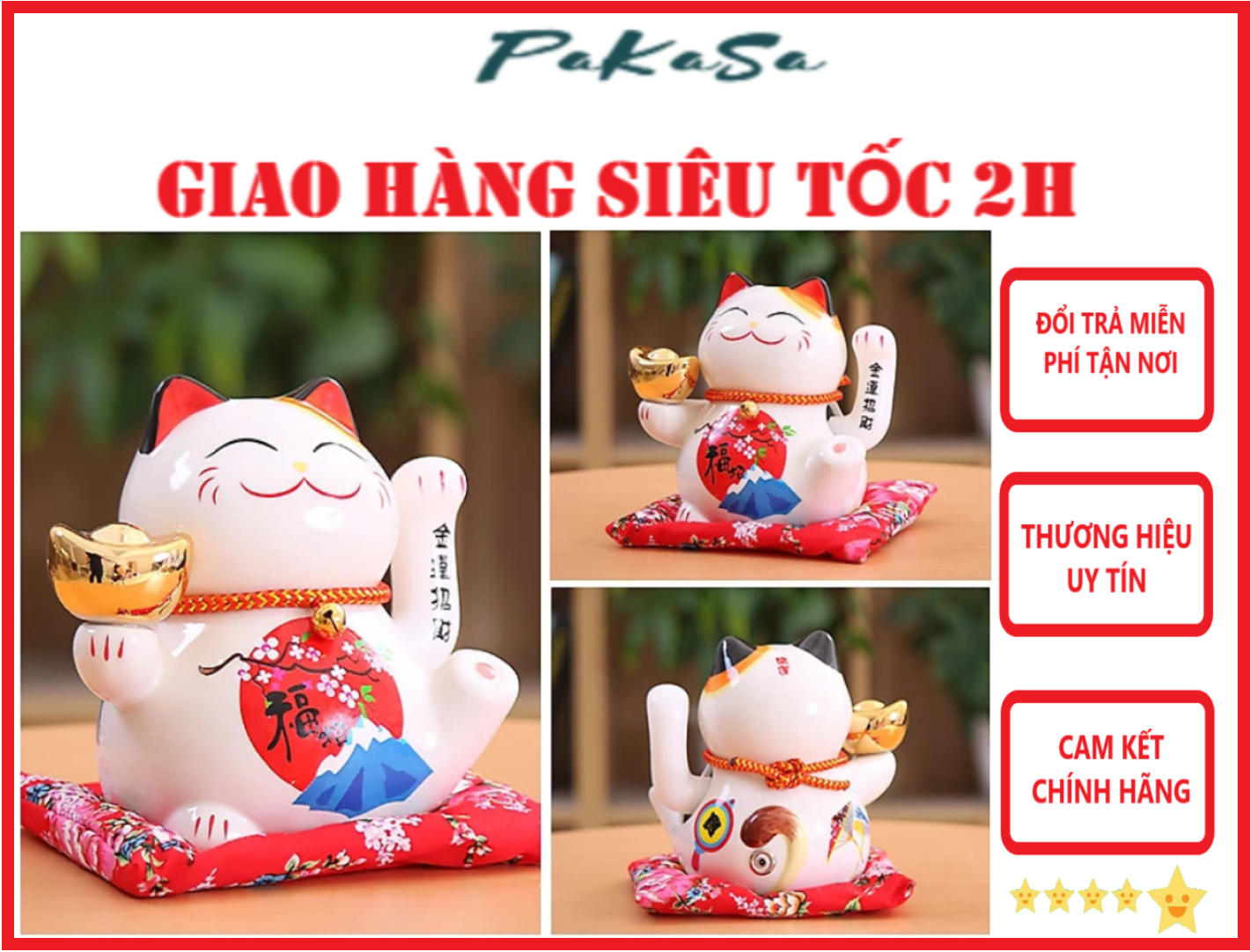 Mèo Thần Tài Maneki Neko Vẫy Tay Chiêu Tài Lộc Bằng Gốm Sứ Tặng Kèm Túi Lót Pakasa - Hàng Chính Hãng - Mẫu 5 Thỏi Vàng