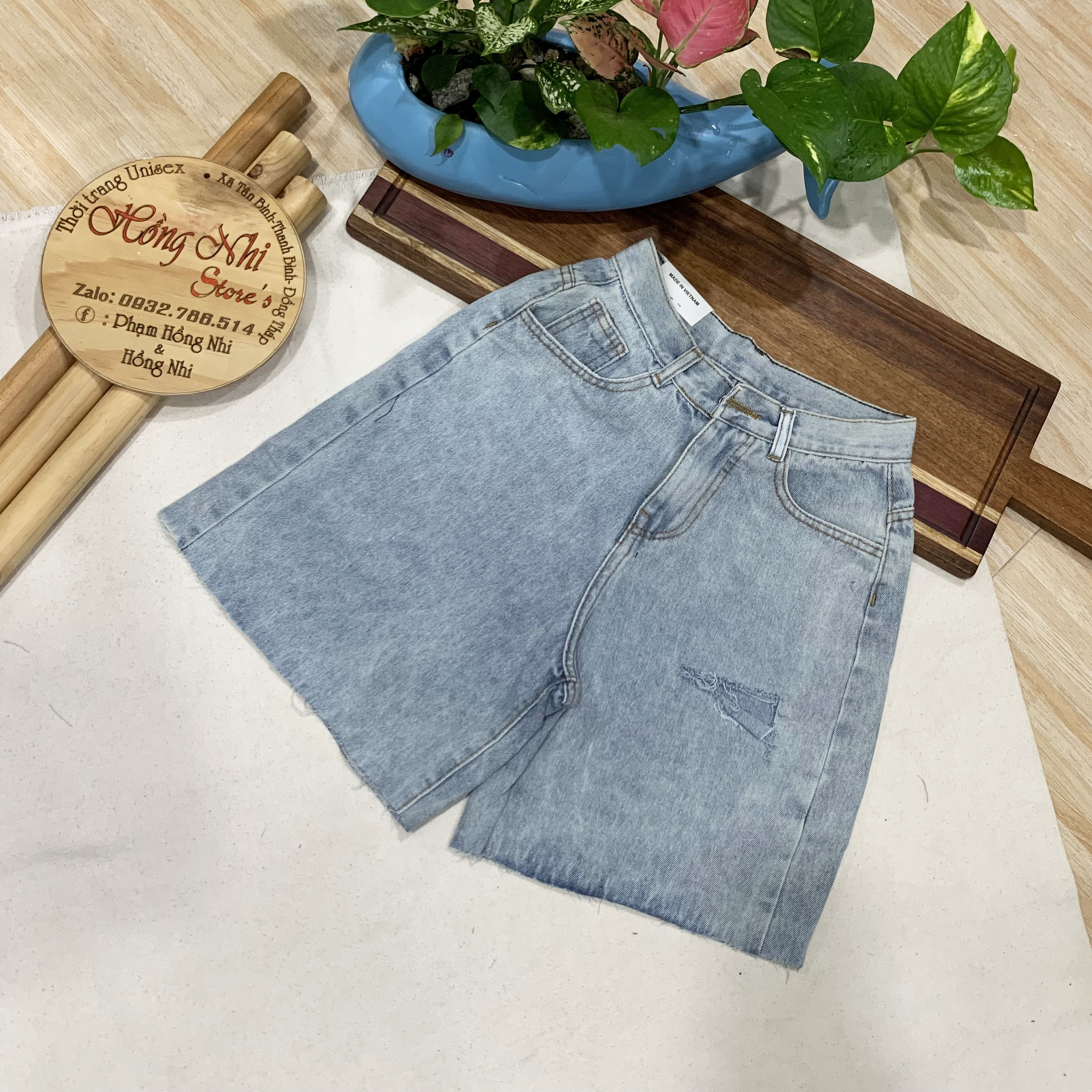 Quần Short Jean Ngố Đùi Rách Gối Cạp Cao Ống Rộng Ulzzang - MM