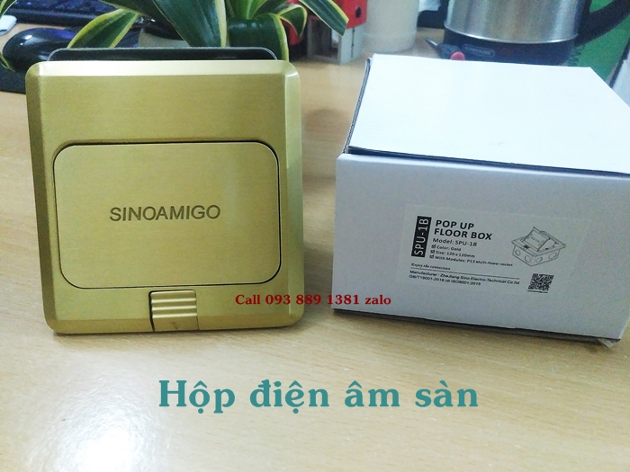Ổ cắm điện âm sàn Sinoamigo SPU-1B màu vàng đồng, chất liệu đồng đúc nguyên tấm, hạn chế oxy hóa, module lắp theo yêu cầu: Điện, lan, tel, HDMI, GA, USB
