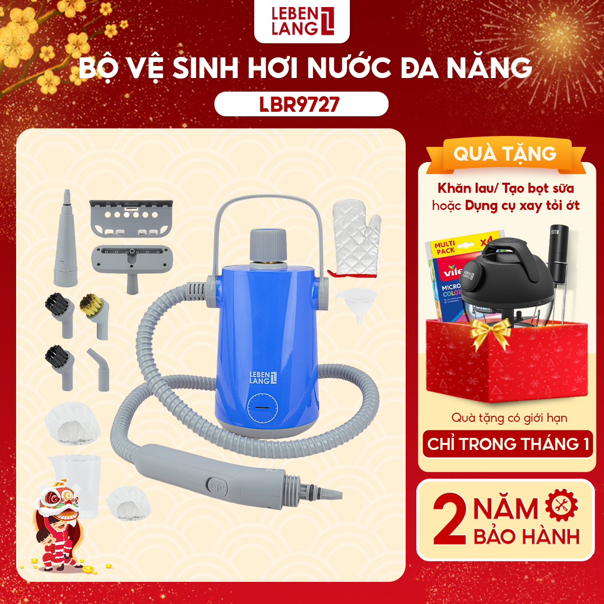 Máy phun hơi nước áp lực để vệ sinh cửa sổ, gương, kính, nội thất, xe cộ của LEBENLANG Đức LBR9727 - hàng chính hãng