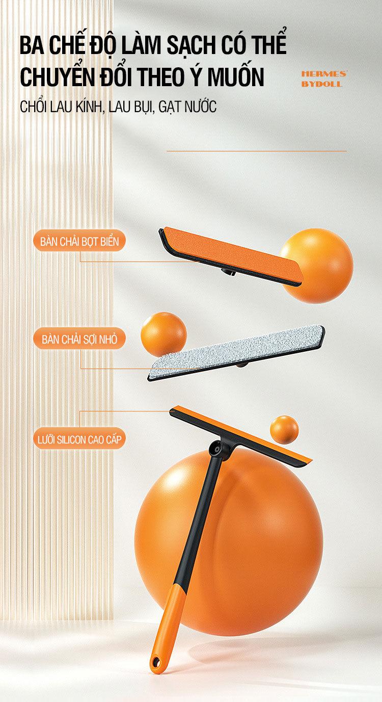 Cây Lau Kính Thông Minh 3in1 Đa Năng Mini Xoay 360 Độ Nhỏ Gọn Tiện Lợi Với Tay Cầm Chống Trơn Màu Cam