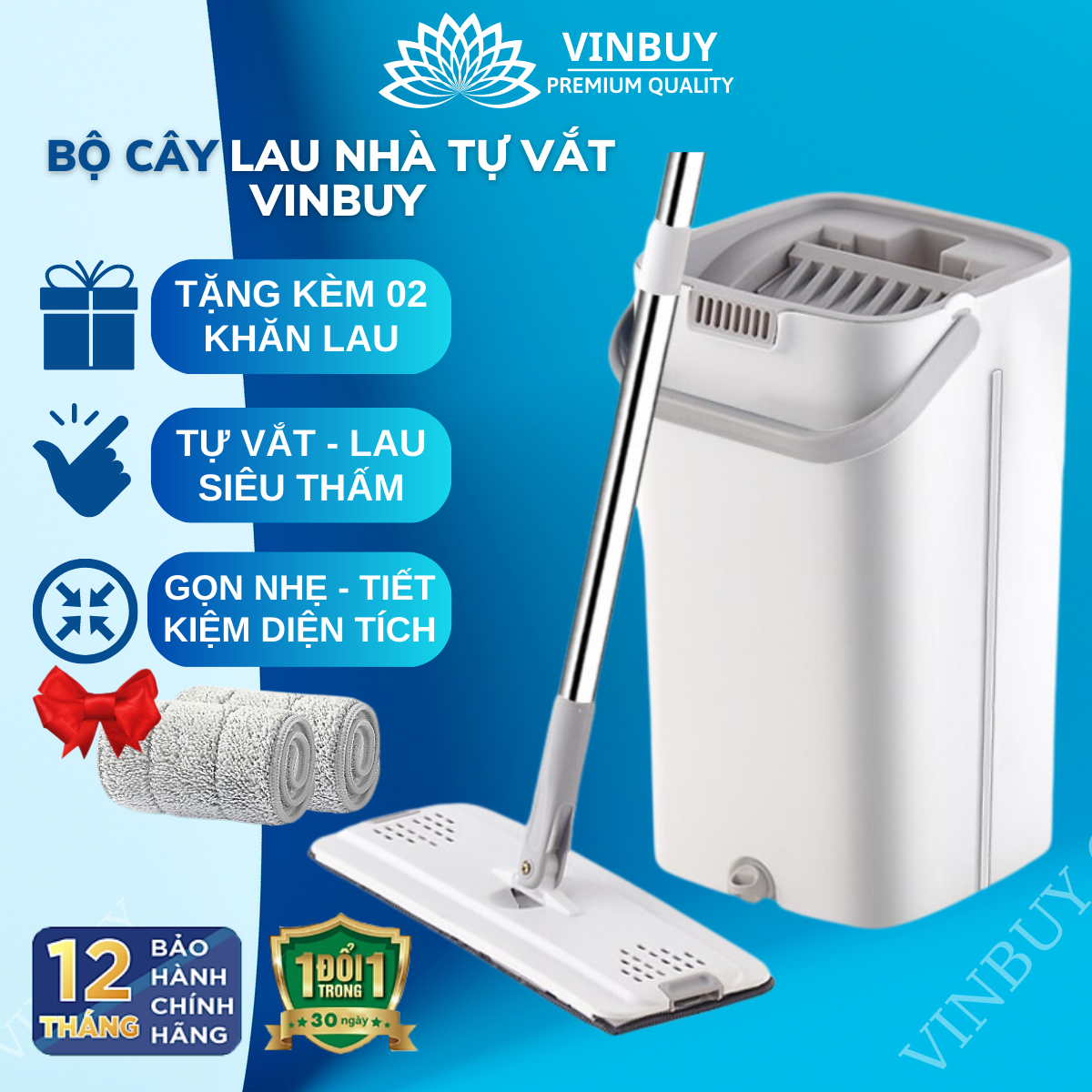 Hình ảnh Bộ cây lau nhà VinBuy kèm thùng tự vắt thông minh, chổi lau nhà xoay 360 độ lau sạch nhanh 