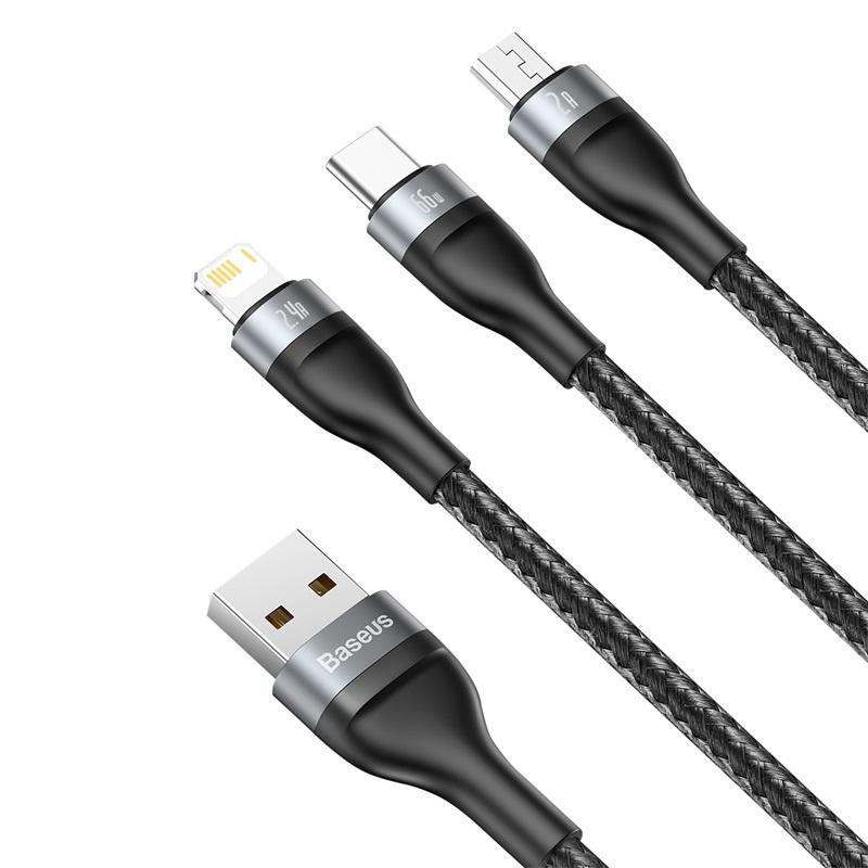 Baseus - Cáp sạc siêu nhanh 3 đầu BASEUS Flash SERIES 3 in 1 (Usb &amp; C/ L/ MICRO, 5A/66W QC &amp; Data Cable) (Hàng chính hãng