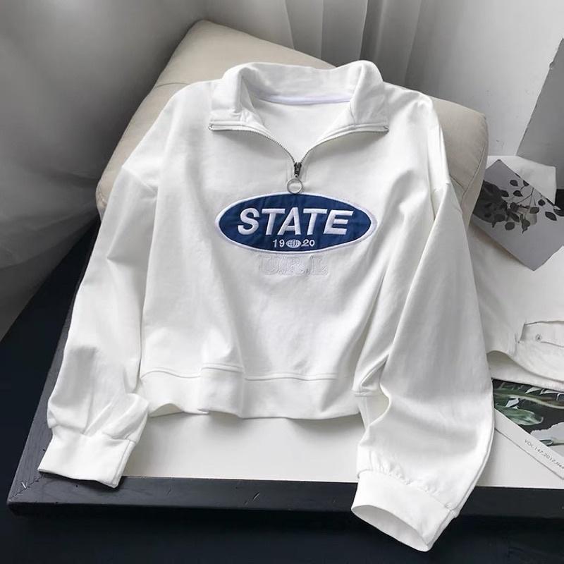 Áo Polo Cao Cổ Khoá Kéo Dáng Ngắn Tay Bồng Thêu Chữ STATE Vải Mềm Mịn Đẹp SWEATER