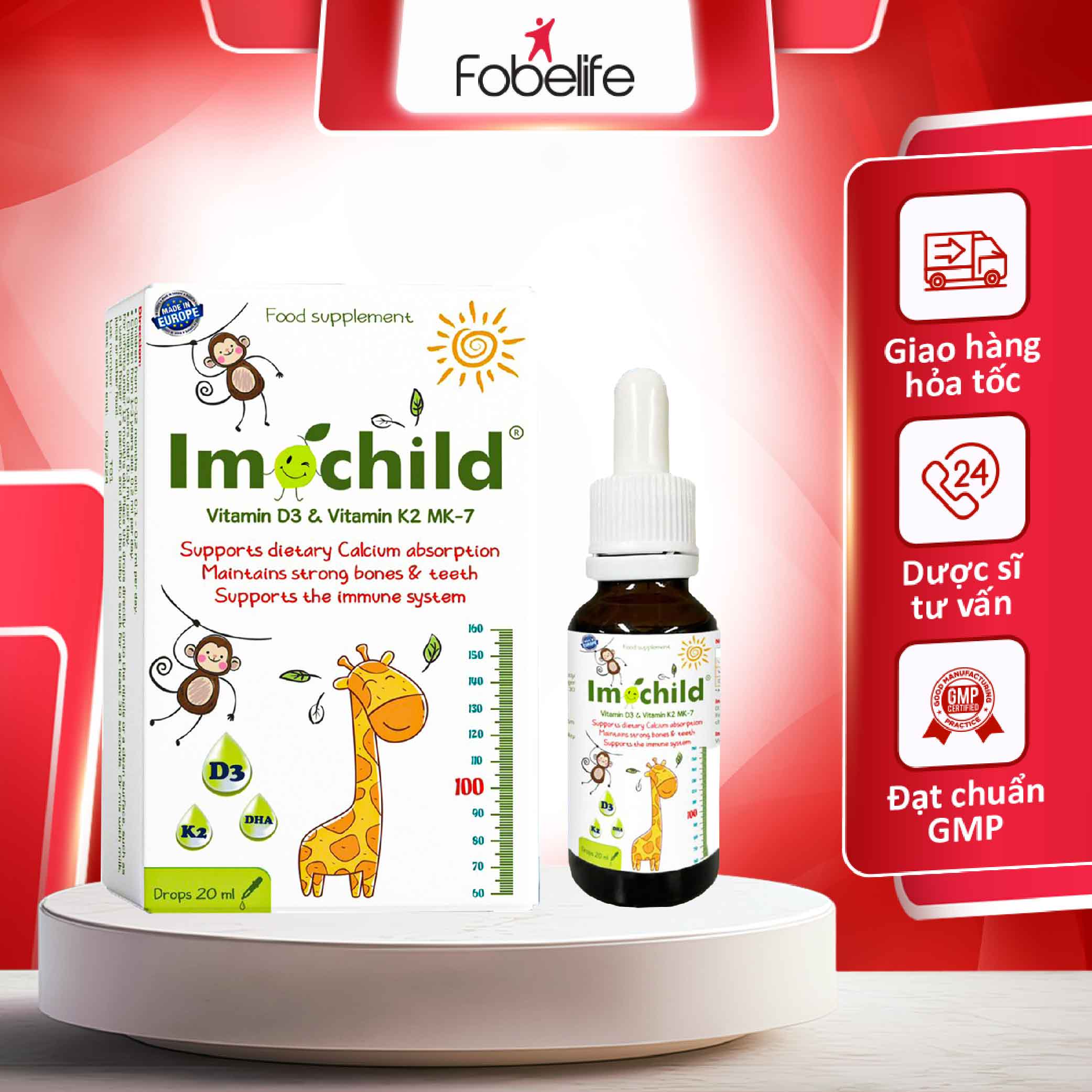 Siro Bổ Sung Vitamin D3K2 Giúp Bé Xương Chắc Khỏe Phát Triển Chiều Cao Imochild D3K2 - Lọ 20Ml
