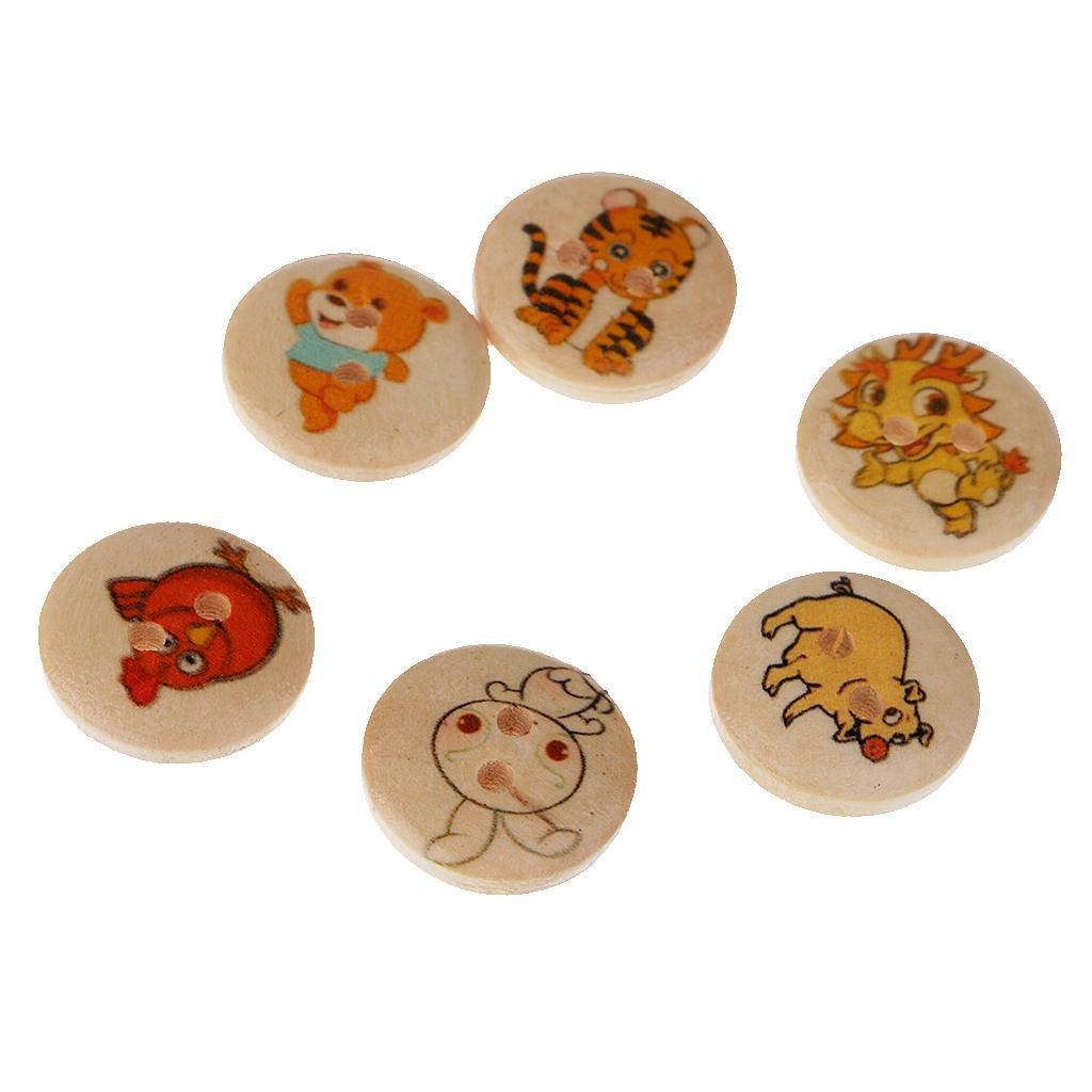 100 Pieces Animals Printed Round 2 Holes Wooden Buttons for Sewing DIY Craft 15mm
