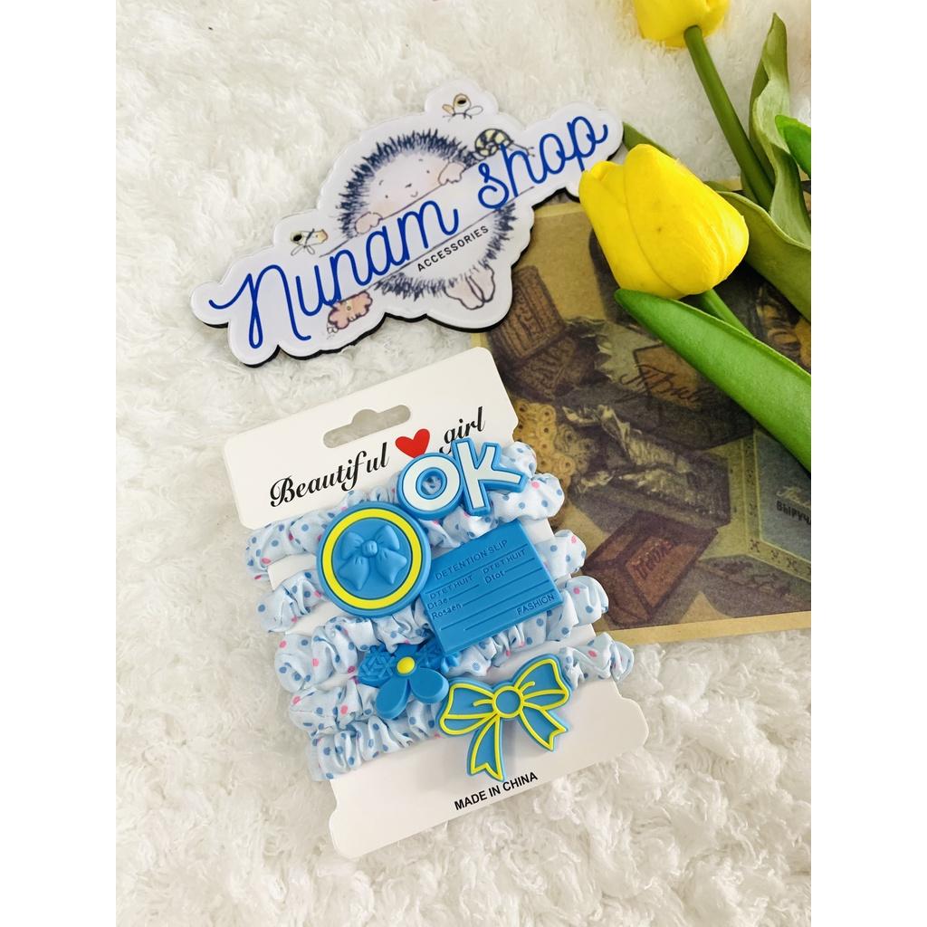 Set 5 dây crunchies buột tóc phối theo màu họa tiết cực trend - Nunam shop đồ cột tóc đẹp, cute, cao cấp