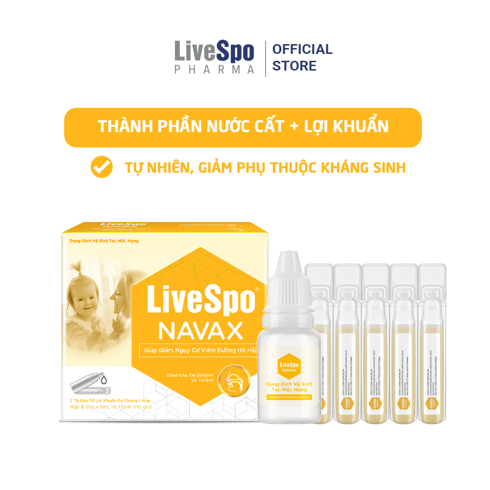 Combo Hộp nước muối sinh lý bào tử lợi khuẩn LiveSpo Navax Kids 5 ống x 5ml và Hộp Livespo Navax chuyên dụng 4 ống x 5ml