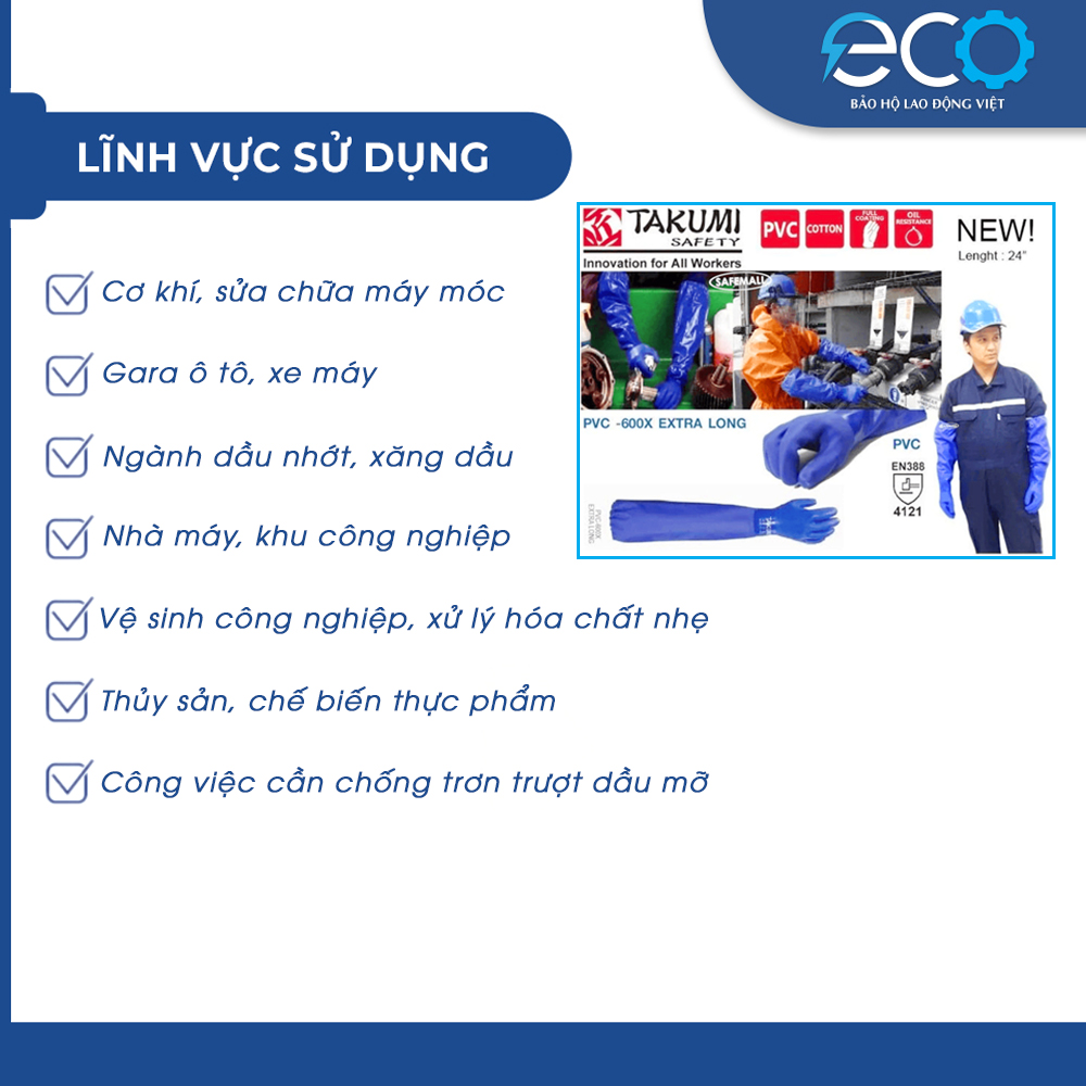 Găng Tay Chống Dầu Takumi PVC-600X Chính Hãng – Chống Dầu Nhớt, Chống Trơn Trượt, Lót Cotton Êm Tay