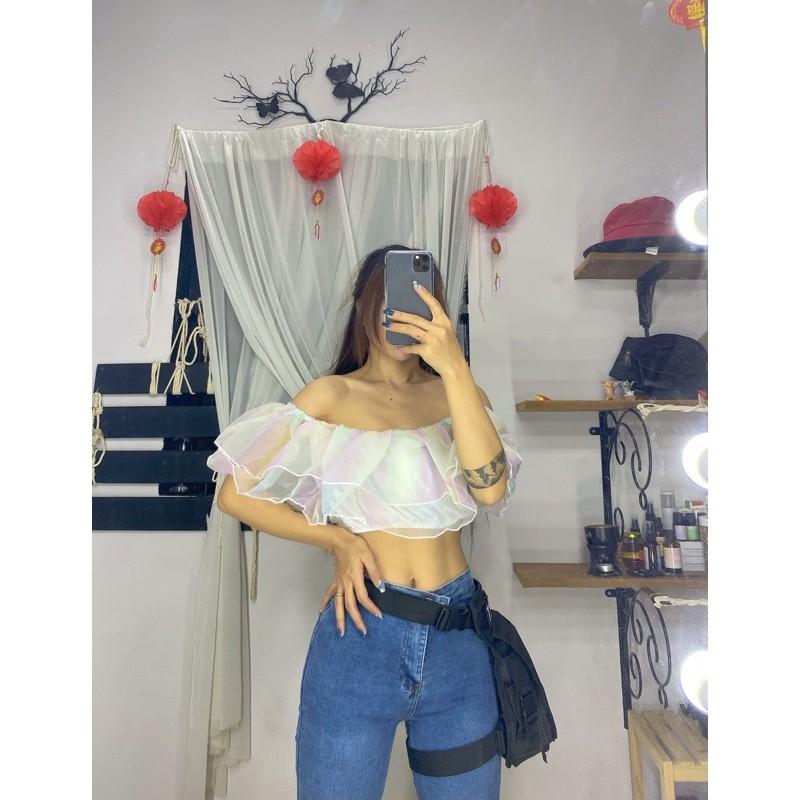 áo bẹt vai croptop cầu vồng siêu xinh