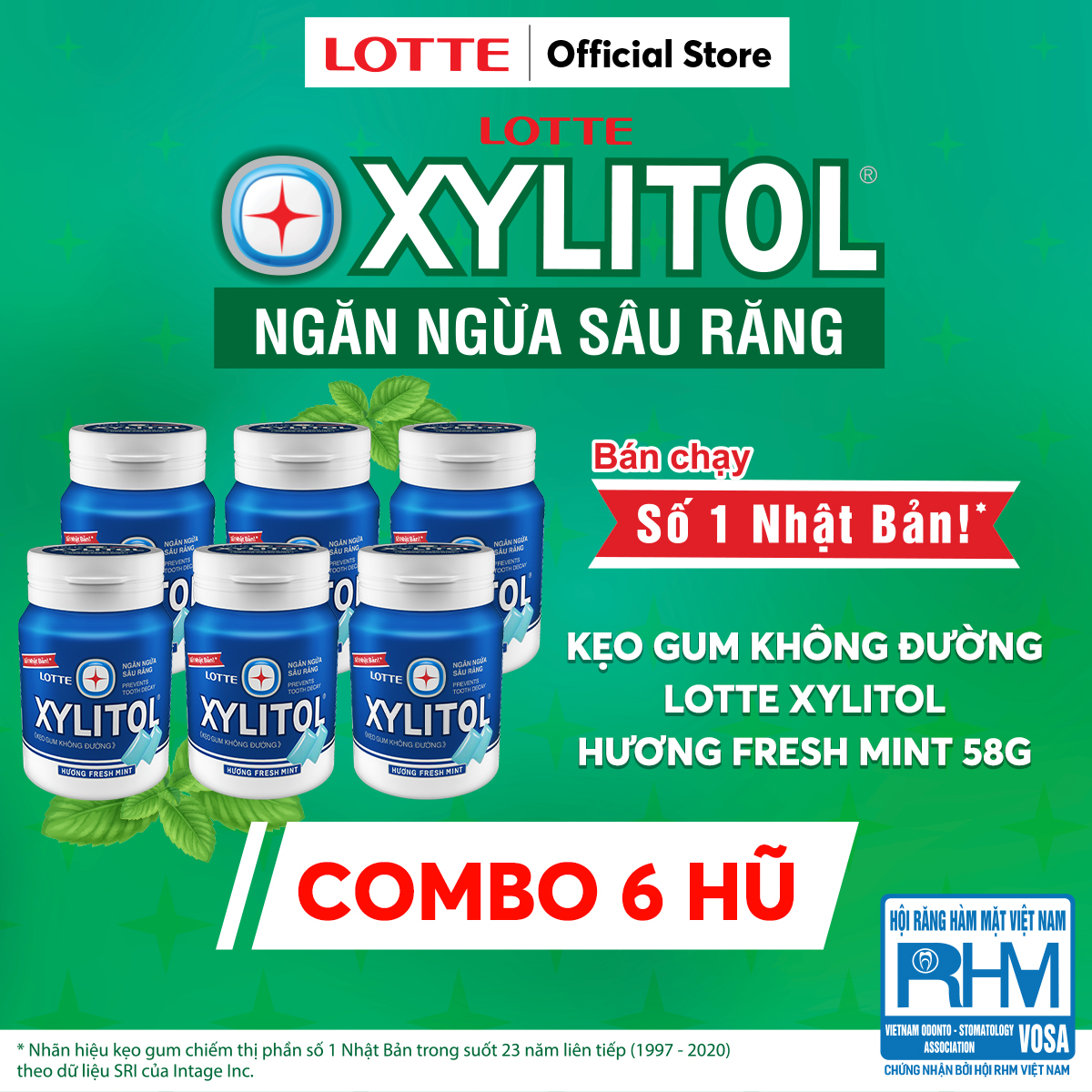 Combo 6 Kẹo Gum không đường Lotte Xylitol - Hương Fresh Mint 55.1 g