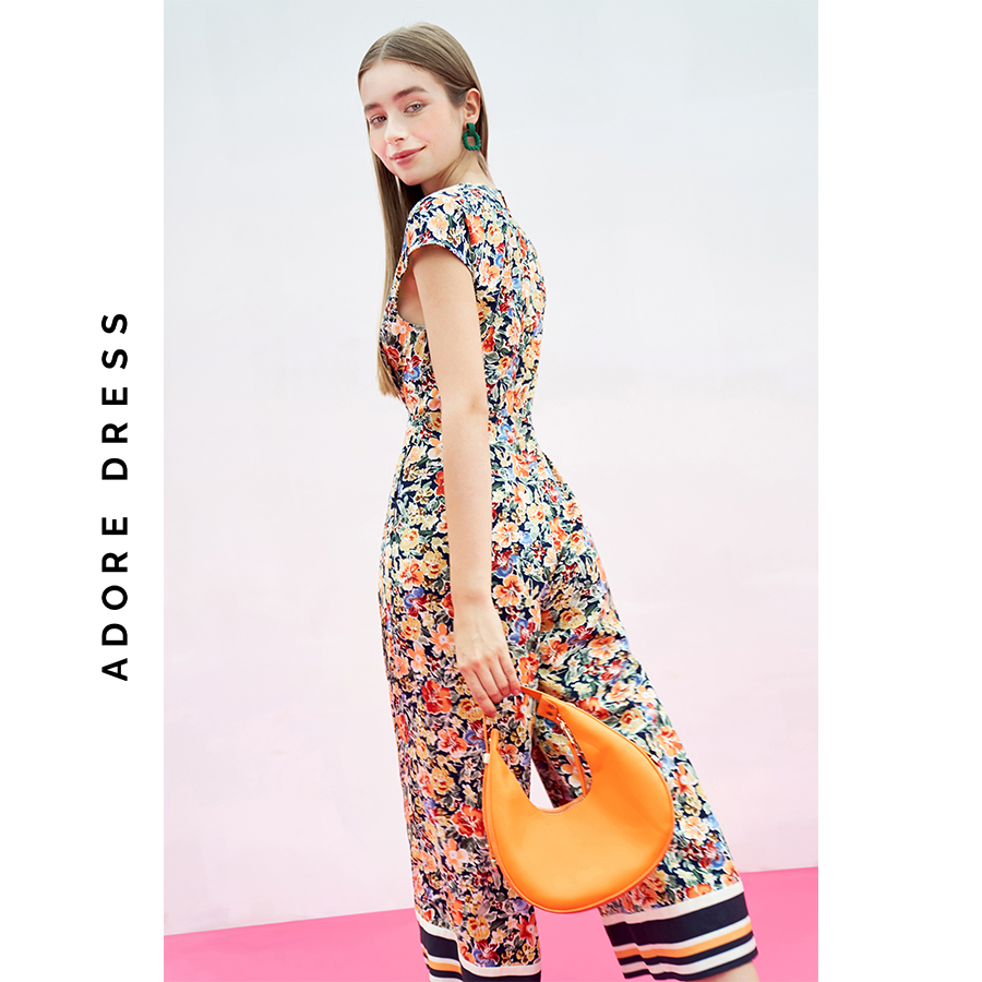 Midi/ maxi jumpsuits lụa navy hoa nhỡ phối gối lửng 311JS2003 ADORE DRESS