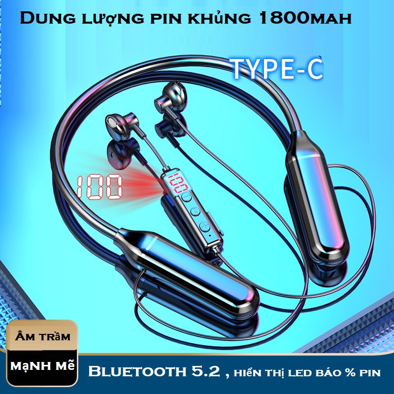 Tai Nghe  Thể Thao Bluetooth 5.2 Pin 1800mAh , Nghe Nhạc, Đàm Thoại Lên Đến 180 Giờ , Âm Thanh Khủng Hifi , Hiển Thị Led Báo % Pin