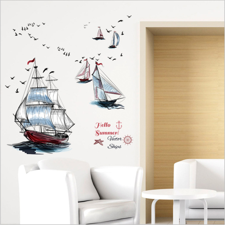 Decal dán tường trang trí nhà cửa sáng tạo tranh Thuyền buồm ra khơi đủ màu 3 (98 x 87 cm)