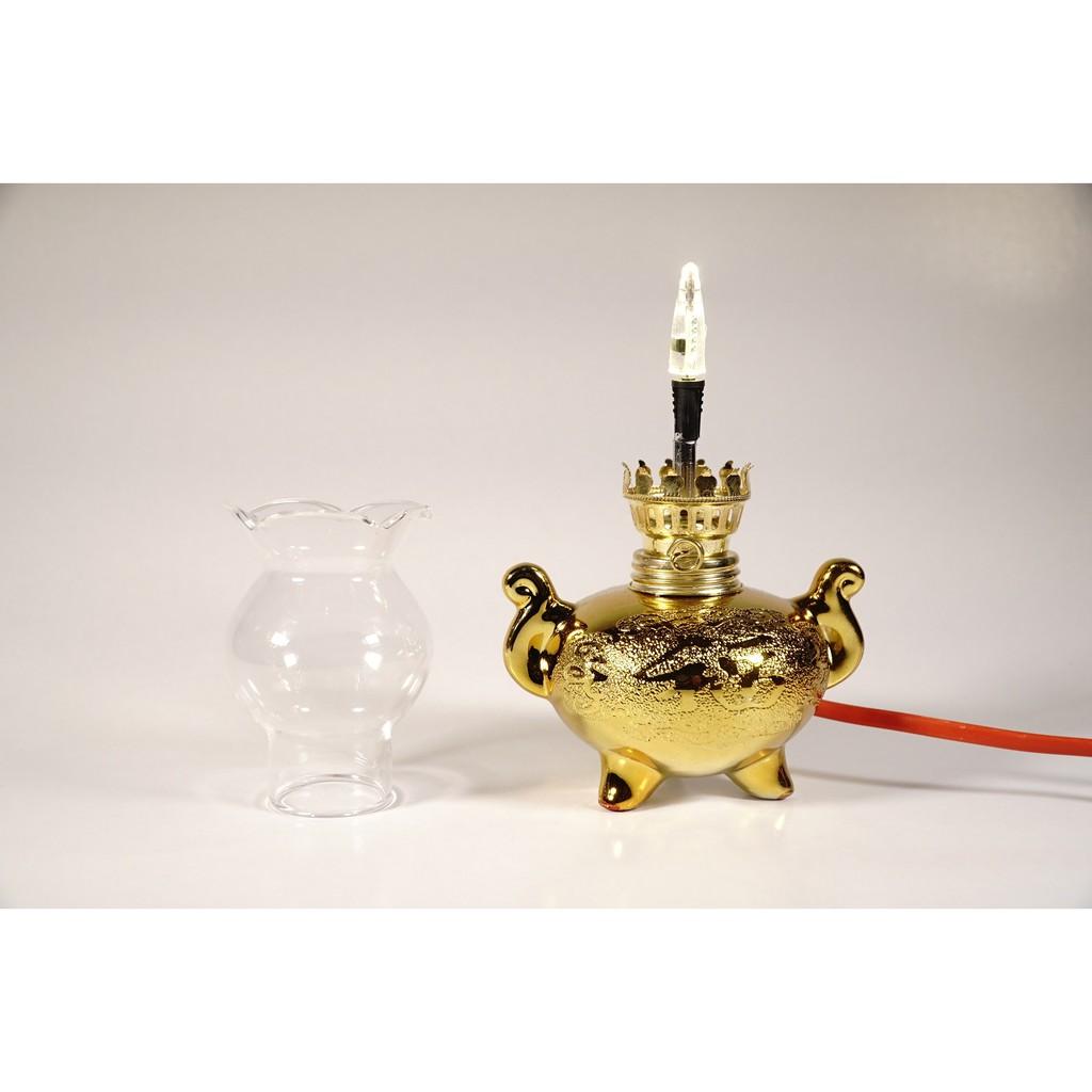 Đèn thờ điện led cúng truyền thống bầu tròn kim sa vàng cao 16cm sáng rực rỡ - Có dây + bóng sẵn