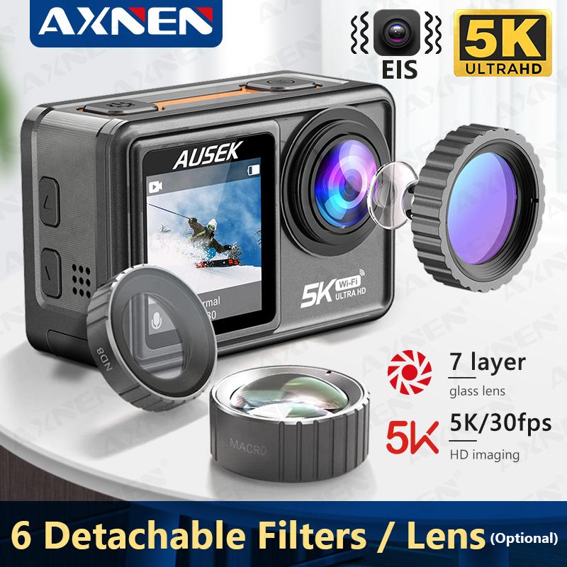 AXNEN AUSEK Camera hành động 5K 4K 60FPS EIS 48MP Màn hình cảm ứng 1080P Webcam Vlog WiFi Camera thể thao có điều khiển từ xa, Ống kính lọc tùy chọn