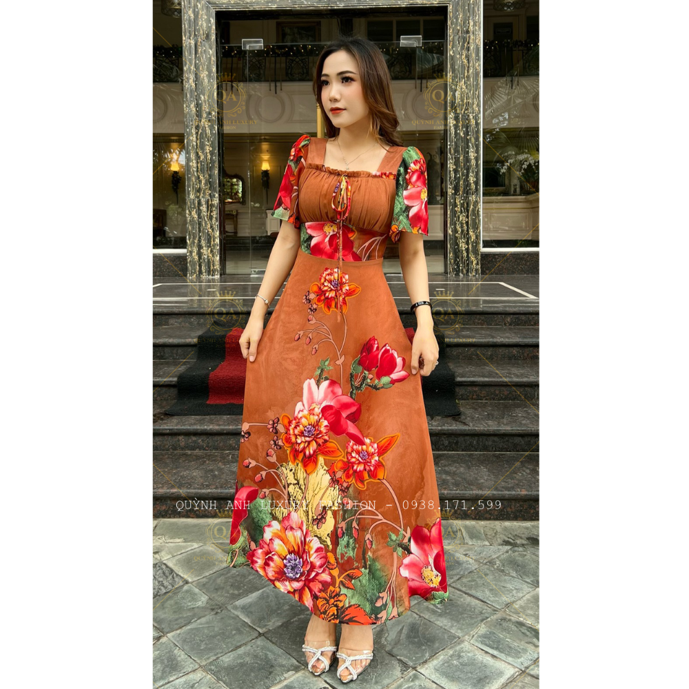 Đầm Xoè Hoa 3D Nâu Cổ Vuông Dập Ly Tay Loe Voan Cao Cấp Sandra Dress