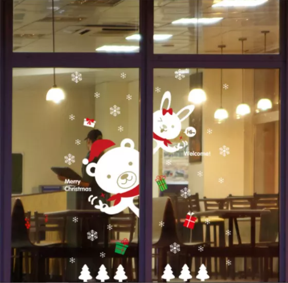 Decal trang trí Noel - Gấu Thỏ Trắng chào đón giáng sinh đáng yêu