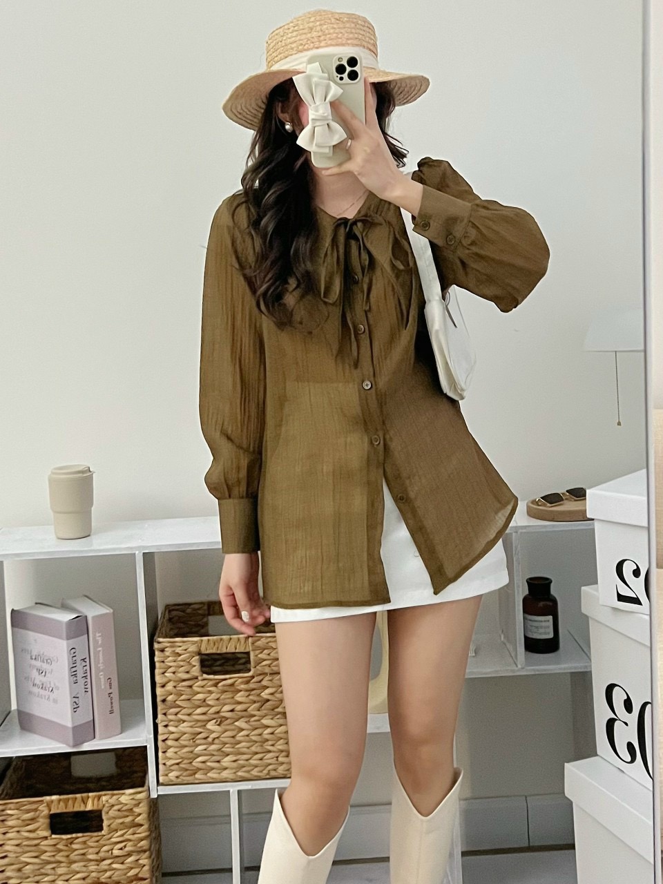 Áo sơ mi tơ cổ nhọn cột nơ tiểu thư nhiều màu