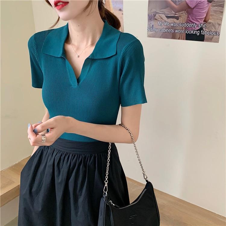 Áo Croptop Polo TREND 2021 Áo Croptop Nữ Tay Ngắn Chất Vải Len Tăm Dệt Kim Thời Trang Quảng Châu