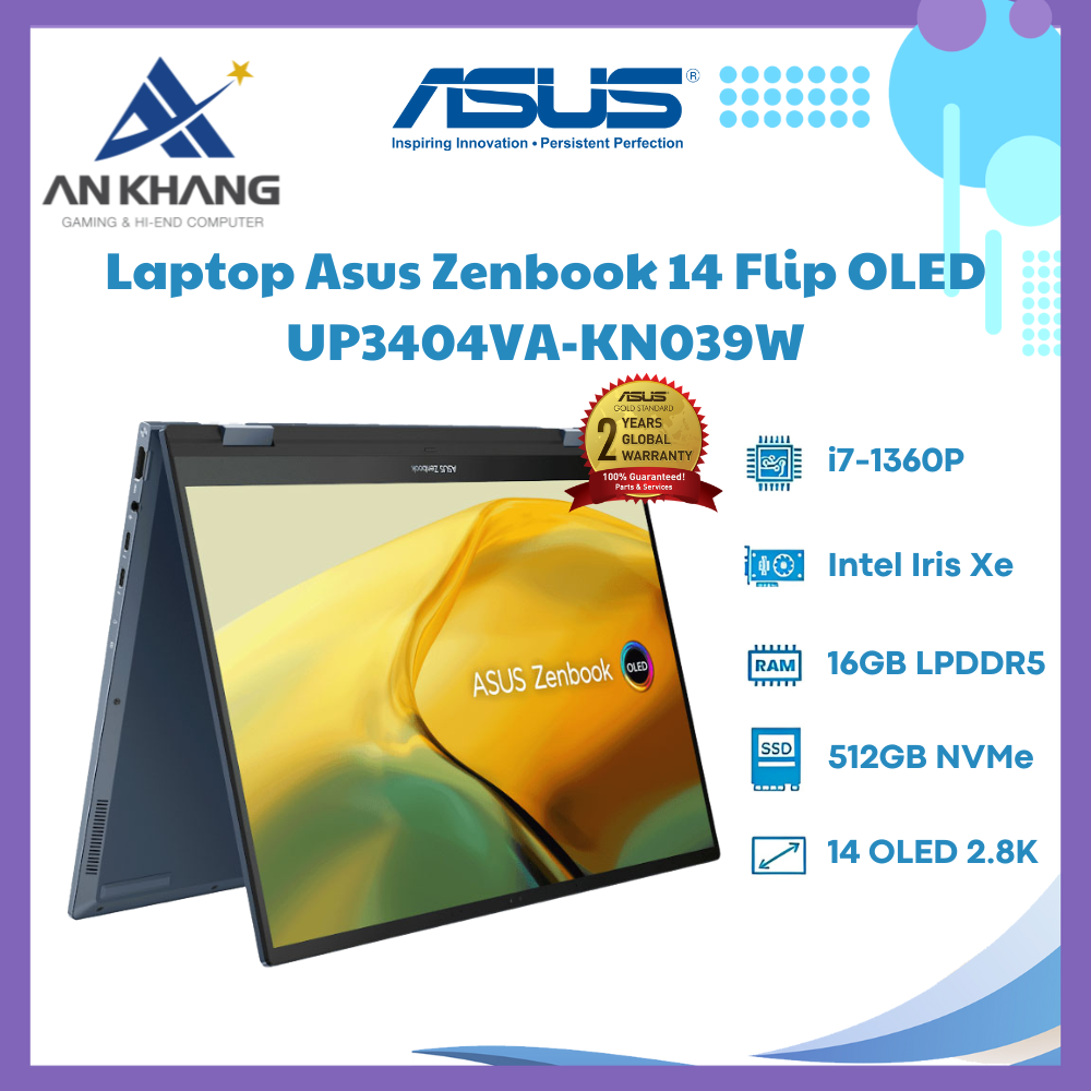 Laptop Asus Zenbook 14 Flip OLED UP3404VA-KN039W (Intel Core I7-1360P | 16GB | 512GB | Intel Iris Plus | 14.0-inch OLED WQXGA+ | Win 11 | Xanh) - Hàng Chính Hãng - Bảo Hành 24 Tháng