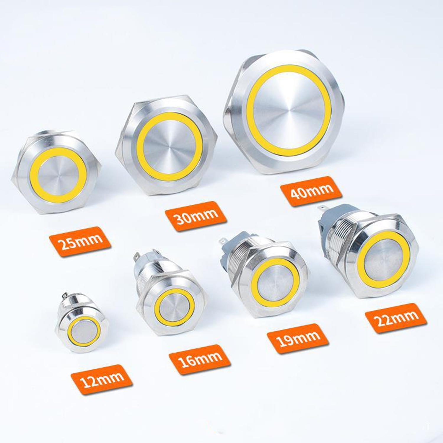 Nút công tắc nhấn nhả tự phục hồi có đèn LED 16mm 3-6V, 12-24V, 110-220V Thân vỏ Kim loại chống nước