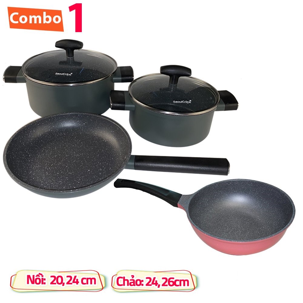 Bộ nồi chảo chống dính 4 món Hàn Quốc Seoulcook C1, nồi 20cm + nồi 24cm + chảo cạn 24cm đáy từ Healthy và chảo sâu lòng (E) 26 cm vân đá