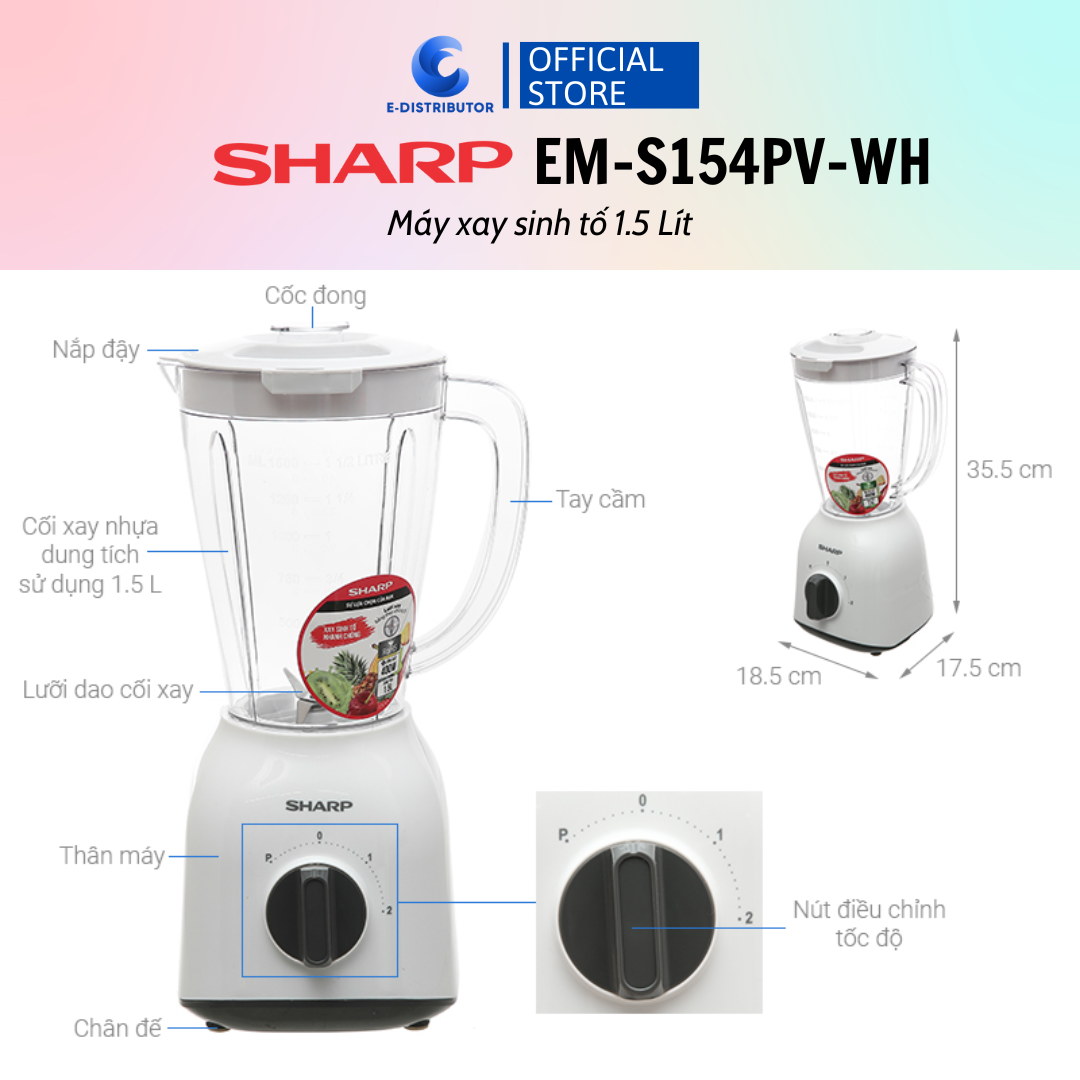 Máy xay sinh tố Sharp EM-S155GV-ST/EM-S154PV-WH - Hàng chính hãng - Bảo Hành 6 Tháng