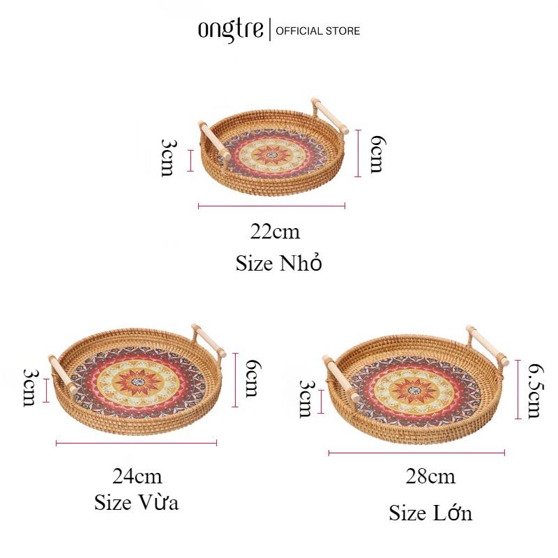 Khay Phục Vụ Tay Cầm ONGTRE Bằng Mây Đáy Gỗ Họa Tiết Đựng Bánh Mì Trái cây Phong Cách Vintage