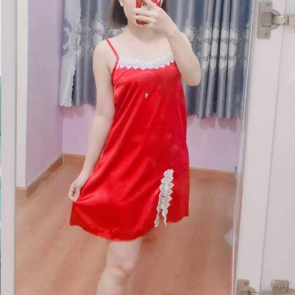 Đầm ngủ 2 dây sexy gợi cảm bigsize, váy ngủ nữ lụa satin phối ren mặc mát thoải mái