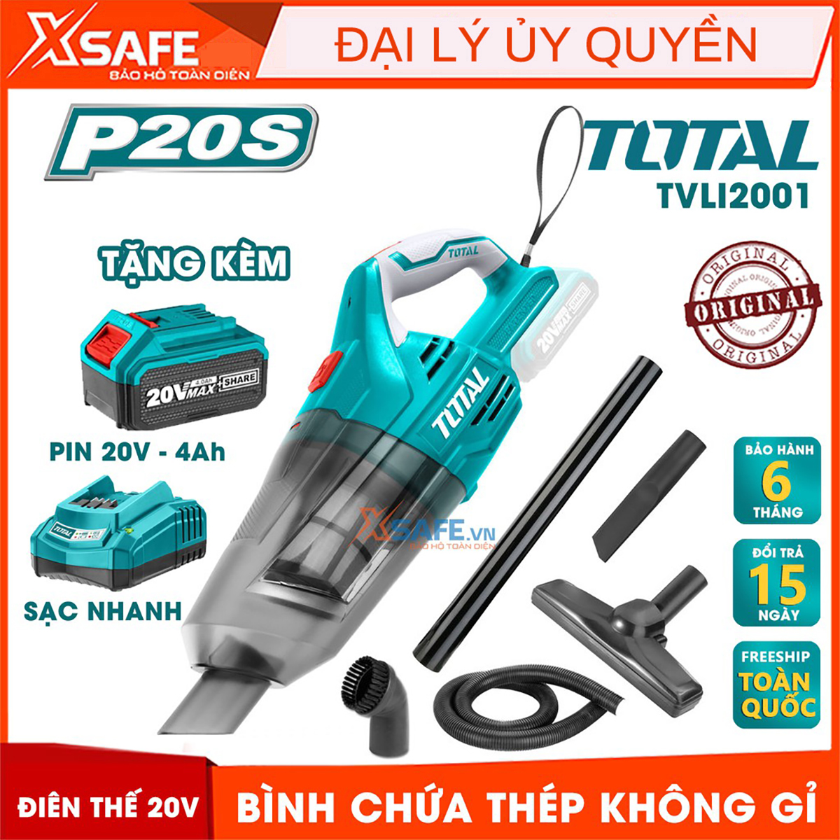 Máy hút bụi dùng pin Lithium 20V TOTAL TVLI2001 Kèm pin 20V 4A.h Sạc nhanh, 1 ống mềm, 1 bàn chải sàn và 2 ống nhựa Hàng chính hãng