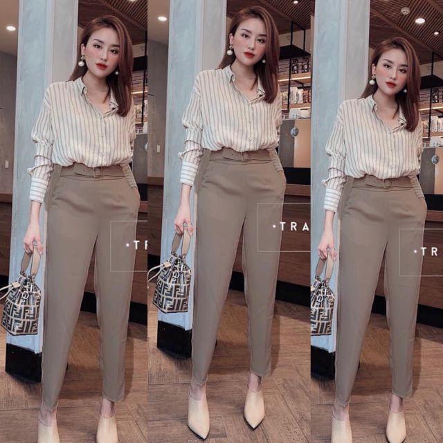 Quần baggy nâu lưng cao kèm belt
