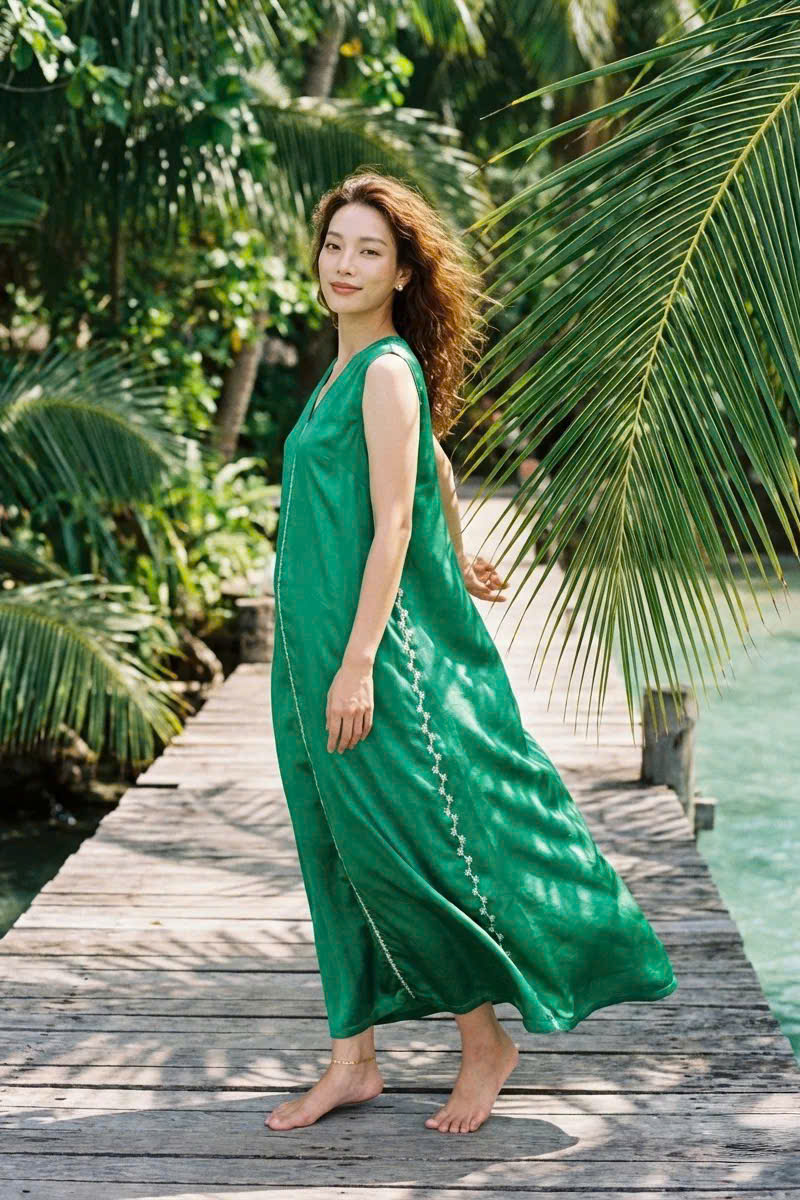 Đầm Maxi Lụa Tơ Tằm Thêu Tay Xanh Ngọc Phỉ Thuý DRE202 thời trang thiết kế Hity