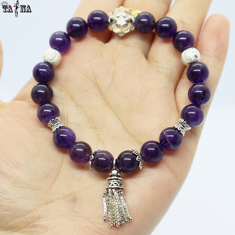 Vòng đá thạch anh tím 8mm charm bạc 925 cao cấp