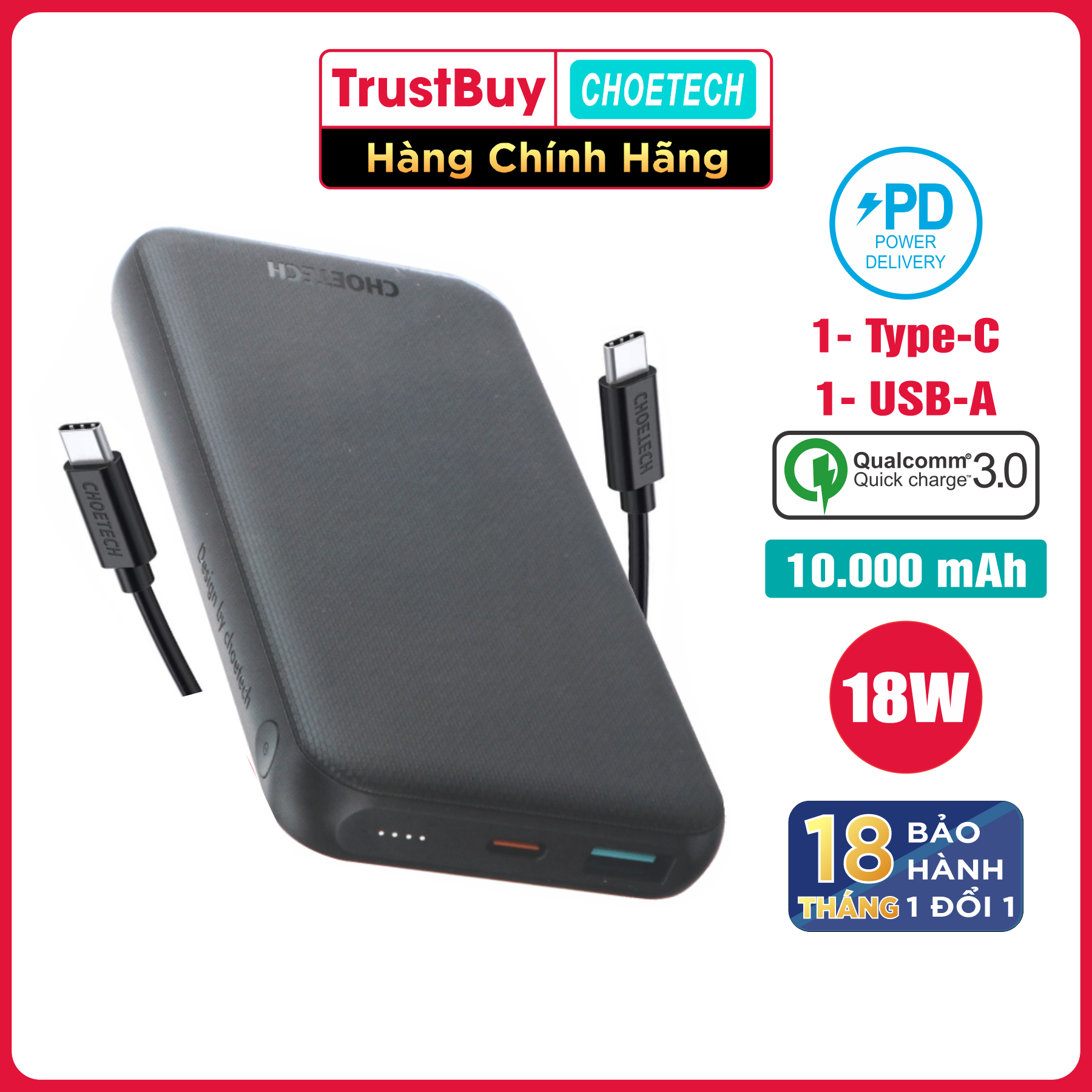 Pin Sạc Dự Phòng 10000mAh In/Out Type C PD 18W, QC 3.0 18W CHOETECH B627 Kèm Cáp Type C to C 30W - Hàng Chính Hãng