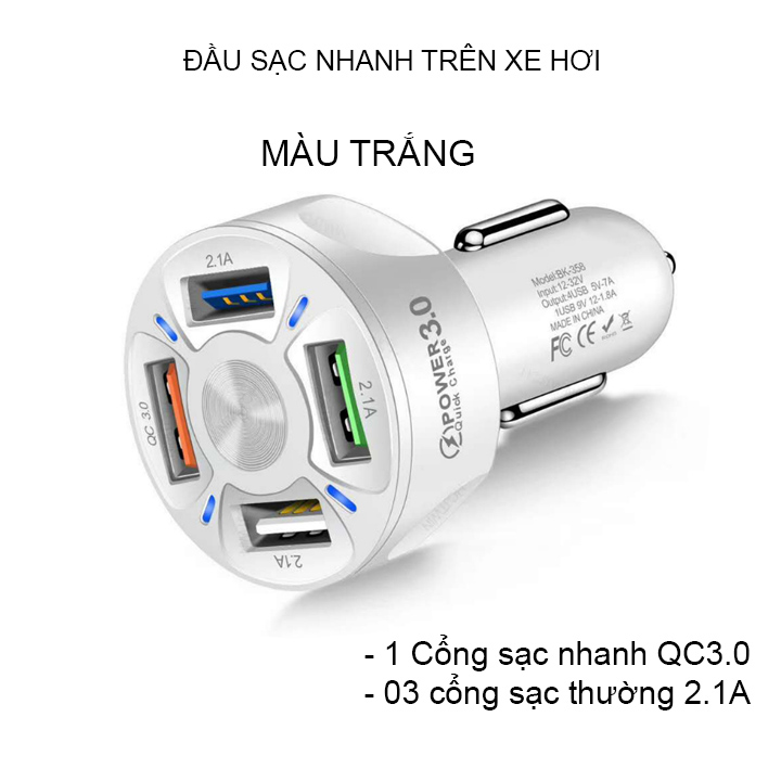 Đầu sạc nhanh xe ô tô QC3.0-BK358 có 04 cổng USB, điện áp vào 12-24V