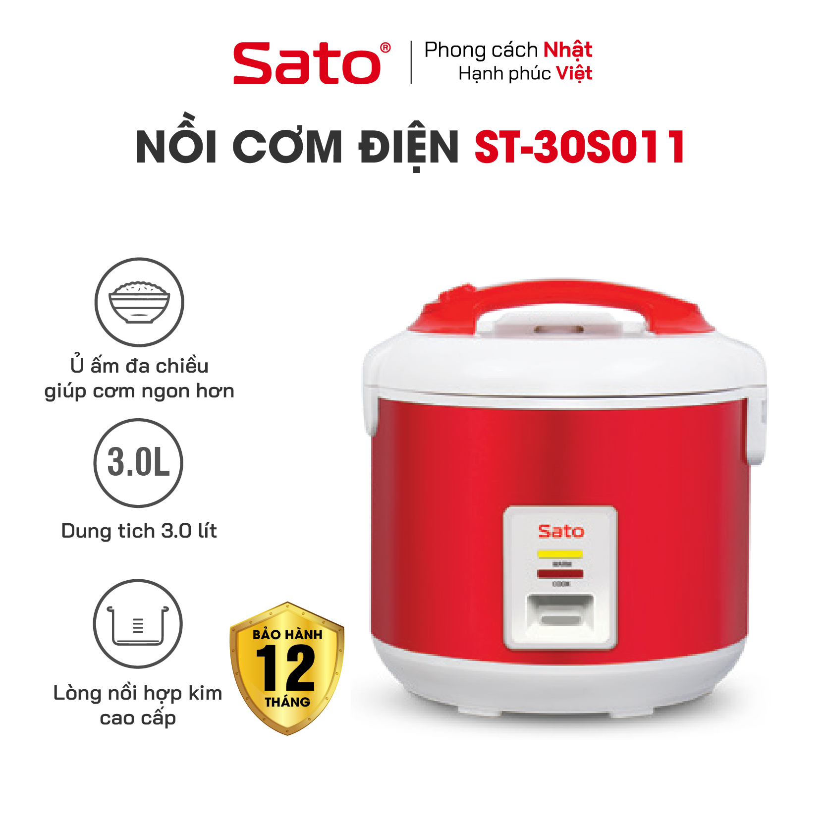 Nồi Cơm Điện SATO 30S011 3.0L - Thiết kế sang trọng, hiện đại, màu sắc trang nhã. Ủ ấm đa chiều giúp cơm ngon hơn và giữ ấm được lâu hơn - Miễn phí vận chuyển toàn quốc - Hàng chính hãng