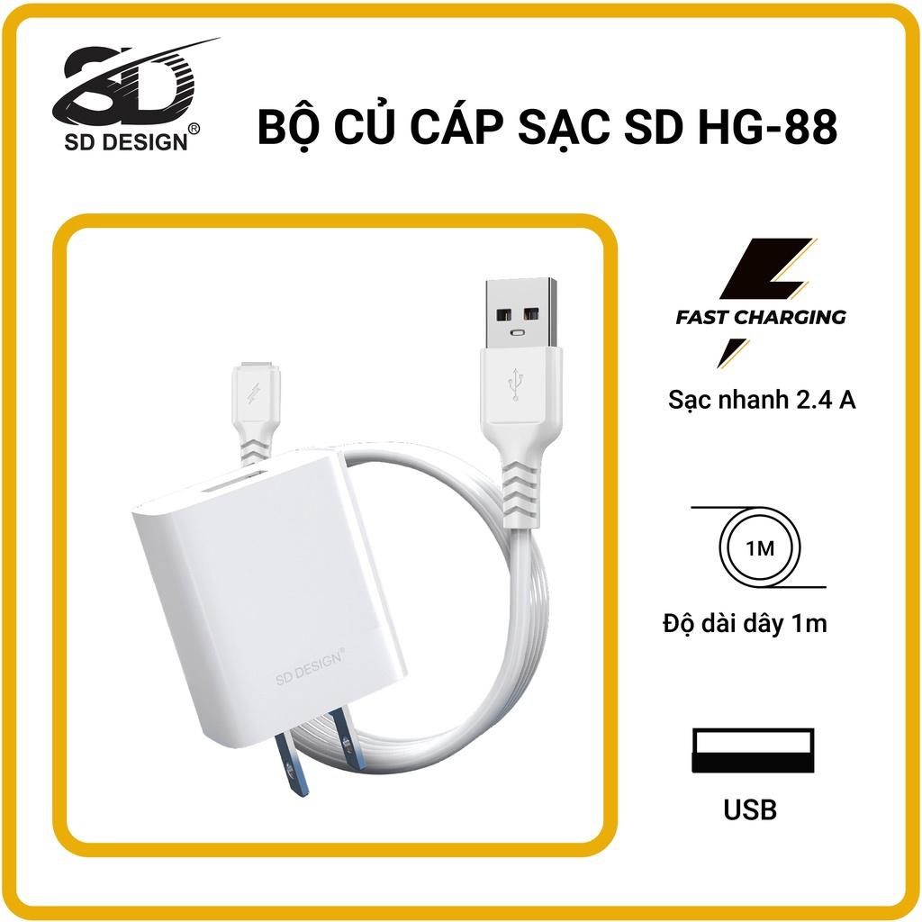 Bộ Cáp Sạc 2.4A HG88 SD Design hỗ trợ sạc nhanh an toàn cho các dòng điện thoại bảo hành 1 dổi 1