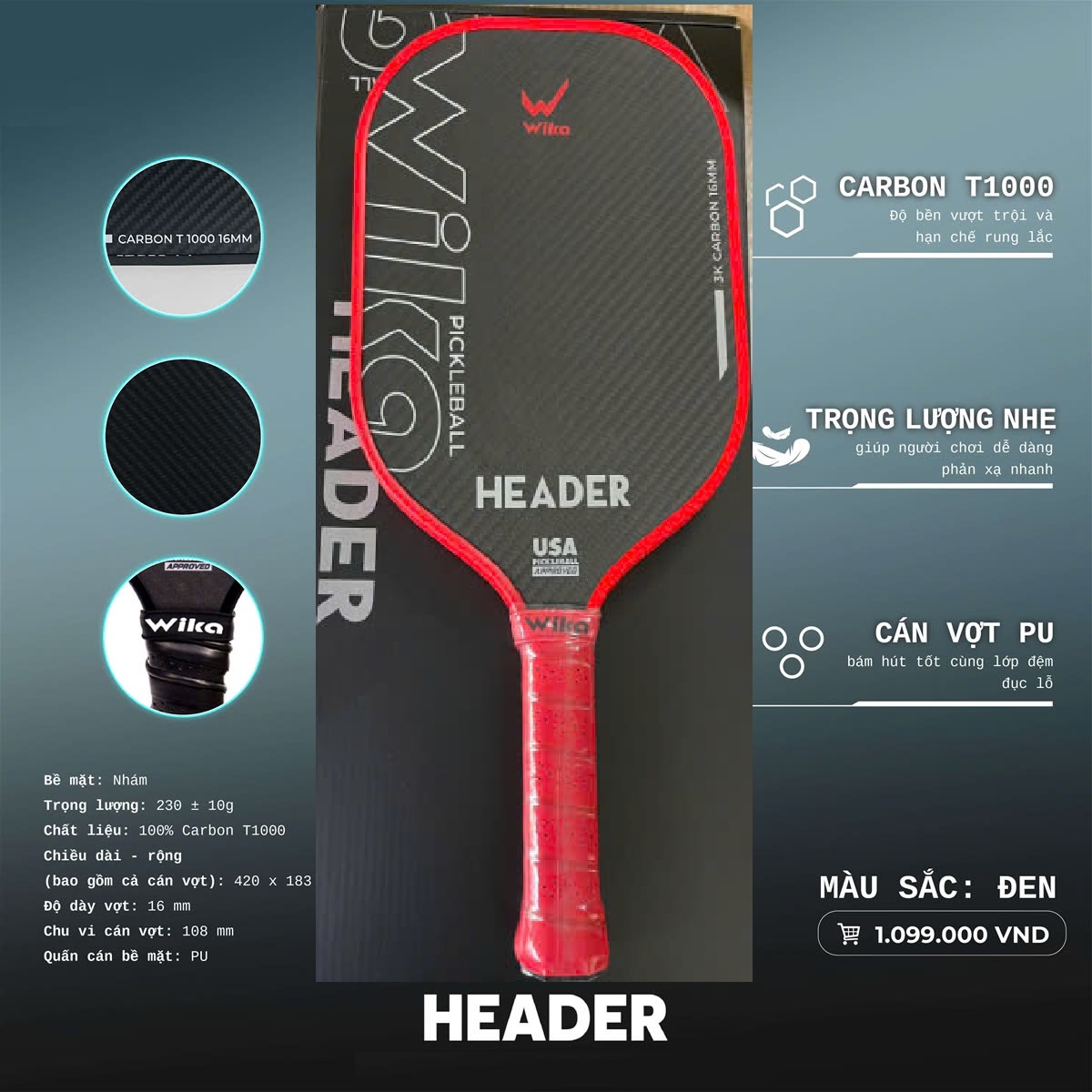 Vợt Pickleball Wi-ka Header Cacbon T1000 - Chính hãng