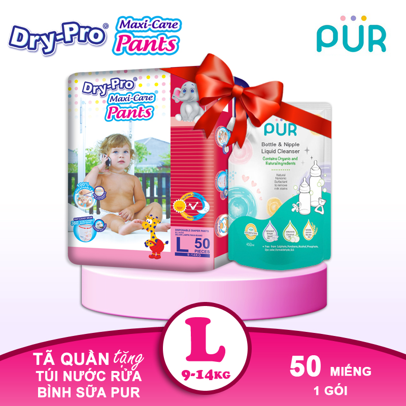 Combo tã/bỉm quần Dry-Pro L50 + tặng Túi nước rửa bình sữa Pur 450ml