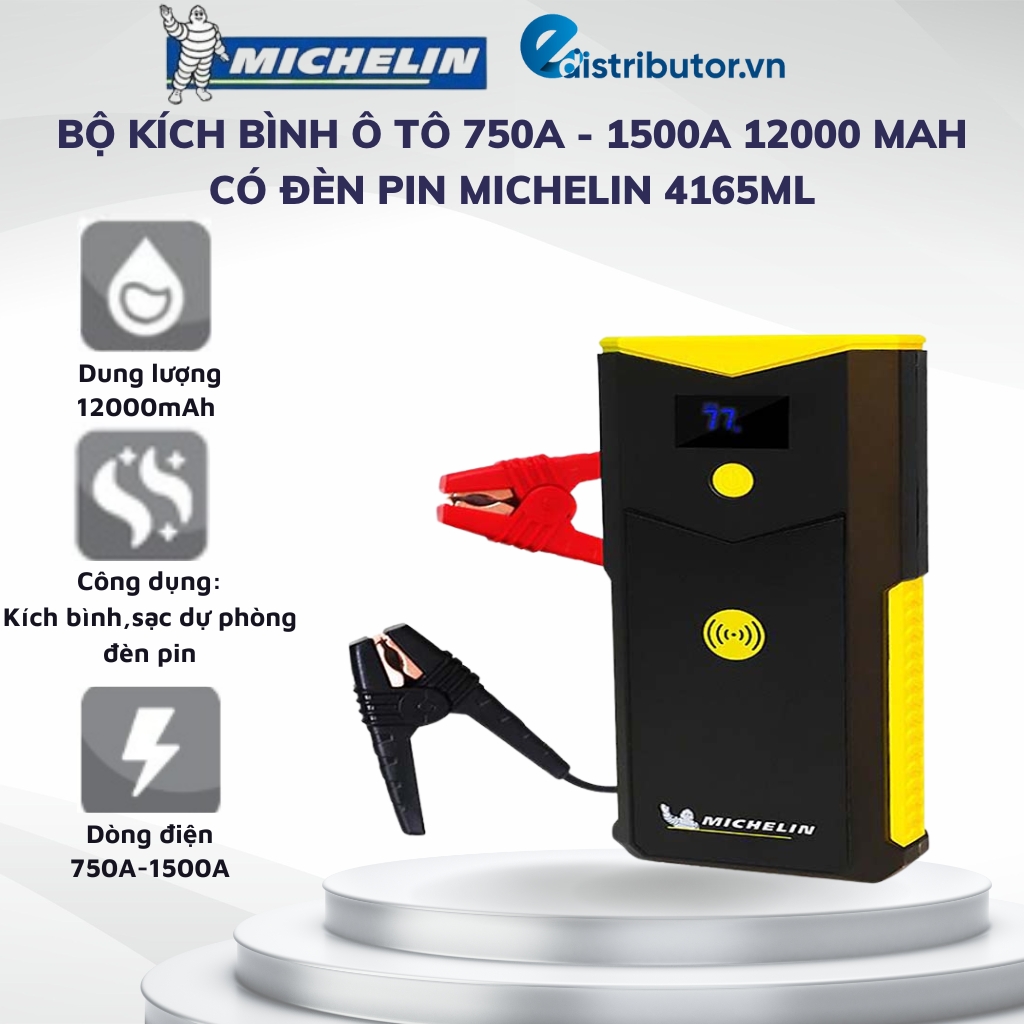 Bộ kích bình ô tô 750A - 1500A chuyên dụng kiêm sạc dự phòng 12000 mAh có đèn pin Michelin 4165ML - Hàng chính hãng