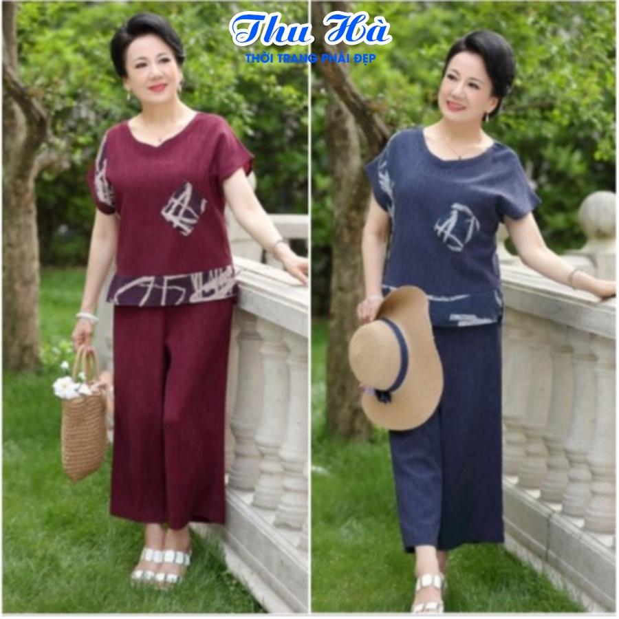 Đồ bộ mặc nhà Thu Hà quần áo trung niên cho mẹ, chất liệu đũi Hàn thấm mồ hôi, form rộng thoải mái ĐBH.22