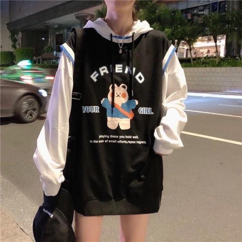 Áo hoodie gile dài tay màu xanh và đen cho nam và nữ - Hàng QCCC