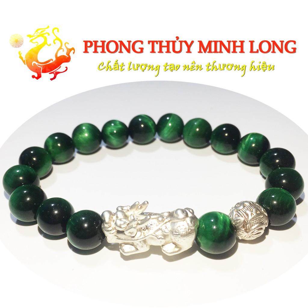 Vòng tay đá Mắt Hổ Xanh Lá chất lượng 5A mix Tỳ Hưu và 1 hạt kim tiền Bạc hợp mệnh Mộc và Mệnh Hỏa