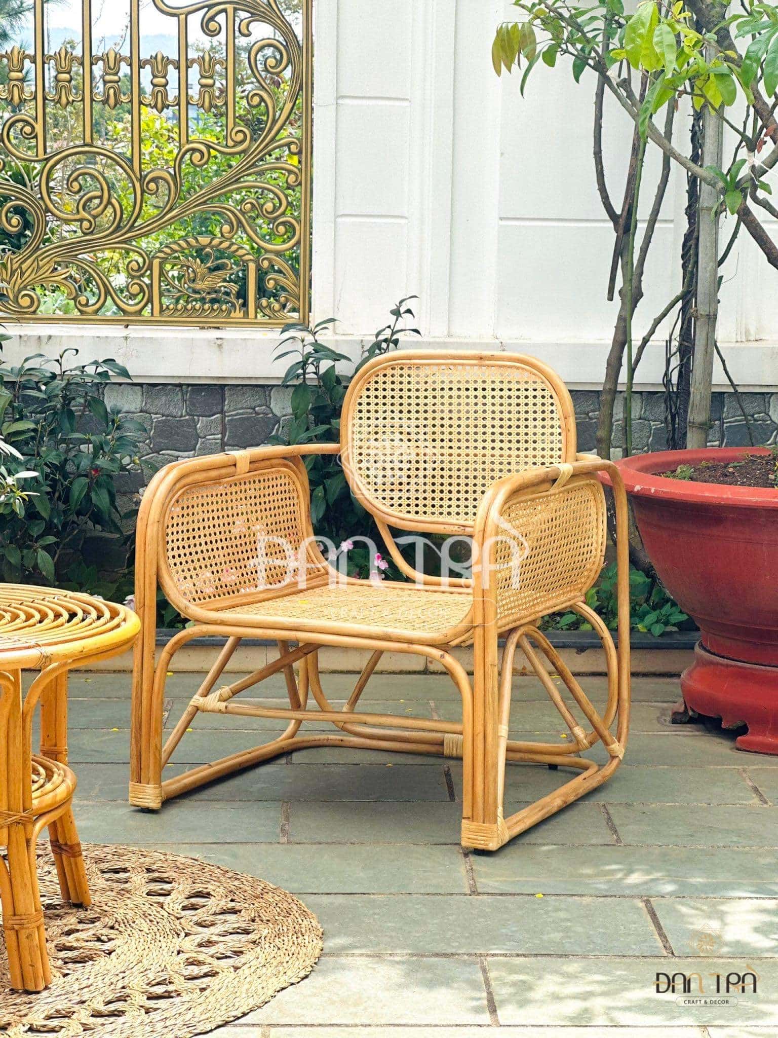 Bộ Bàn Ghế Mây Lưới U Mắt Cáo Vintage Đan Trà- Bộ Bàn Ghế Mây Nhỏ Gọn Thư Giãn Uống Trà- Bộ Bàn Ghế Mây Decor Phòng Khách- Nội Thất Mây Tre Đan Trà