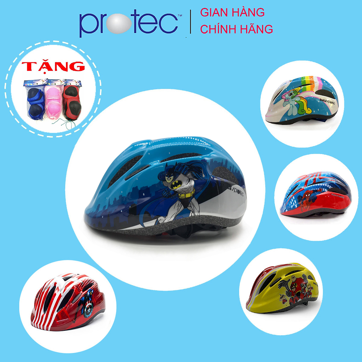Nón Bảo Hiểm Xe Đạp Trẻ Em Protec Smile Cho Bé Trai Từ 1 - 12 Tuổi, Họa Tiết Mạnh Mẽ, Năng Động, Có Đèn Hậu An Toàn - Hàng Chính Hãng - Batman - Size M