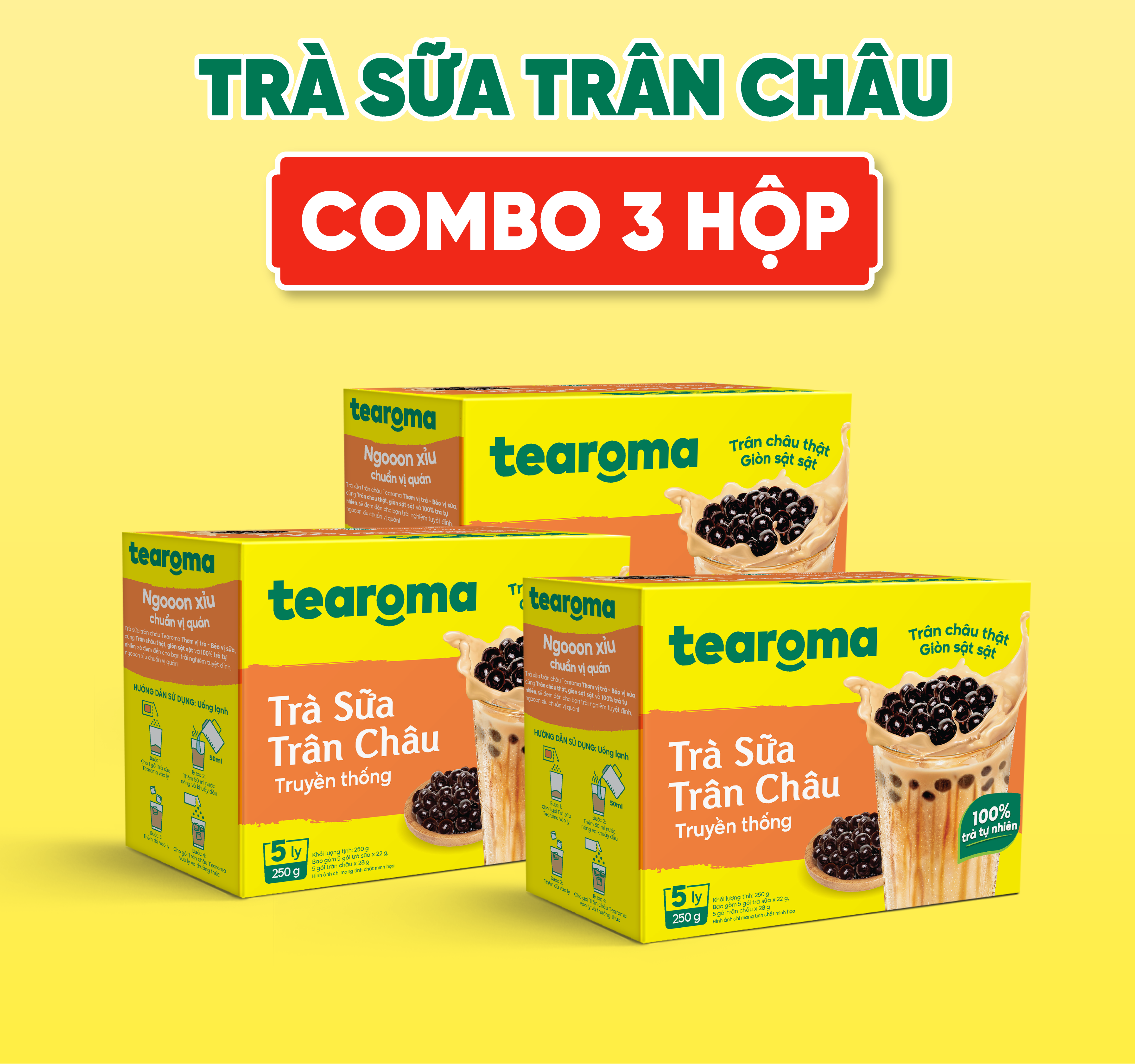 Combo 3 Trà sữa trân châu Tearoma truyền thống