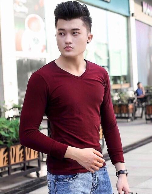 Áo thun tay dài cổ tim trơn