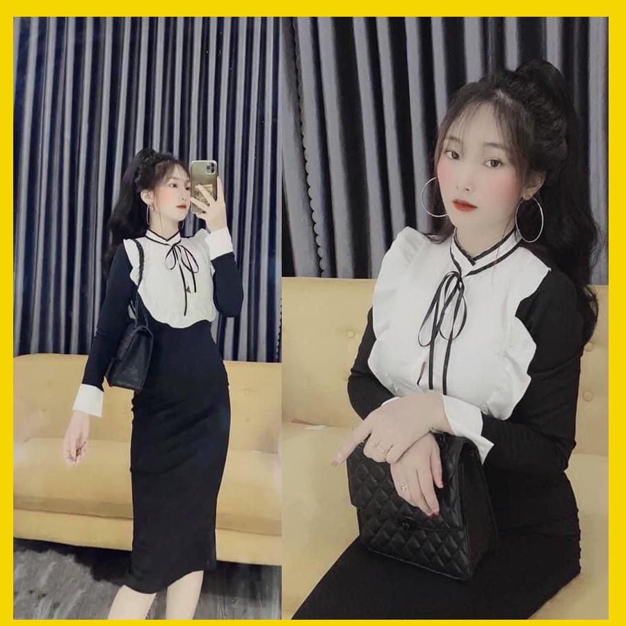 Váy Body tiểu thư dễ thương phối màu viền cổ nơ, thiết kế ôm tôn dáng hàng Đẹp giá Rẻ VDVDVDVD